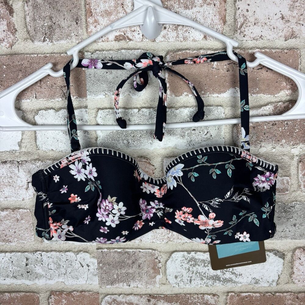 Sunseeker Womens Size 36C Black Printed Underwire Bandeau Bikini Swim Top NWT